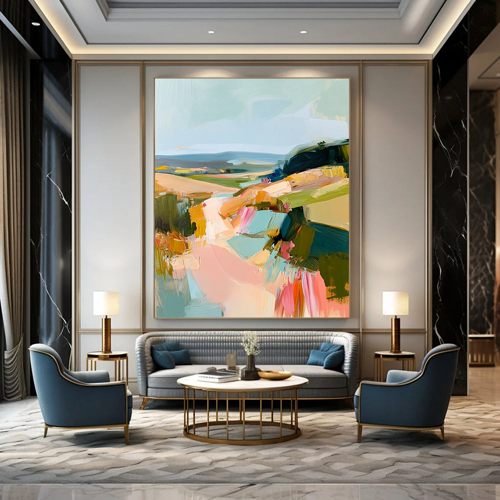 Contemporary abstract oil painting showcasing an Irish landscape with thick brush strokes in muted pastels of teal pink and yellow. DLZ0462