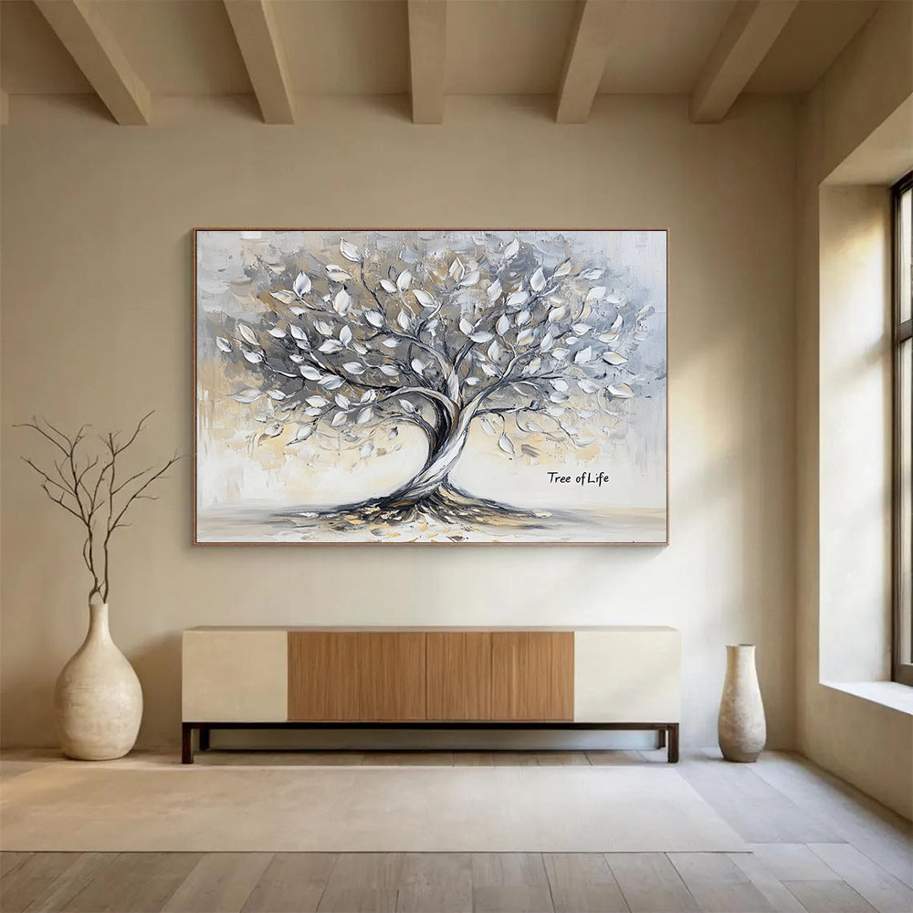 Neutral - Toned Tree of Life - Textured Symbolic Painting On Canvas HB0457