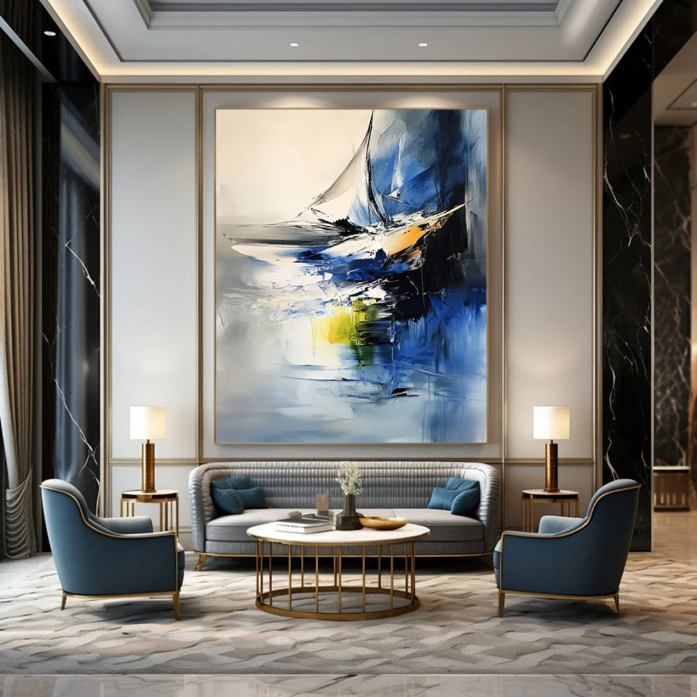 Contemporary abstract art featuring oil and water textures with vibrant color contrasts and a minimalist sailboat in an expressionist sea composition. DLZ0956