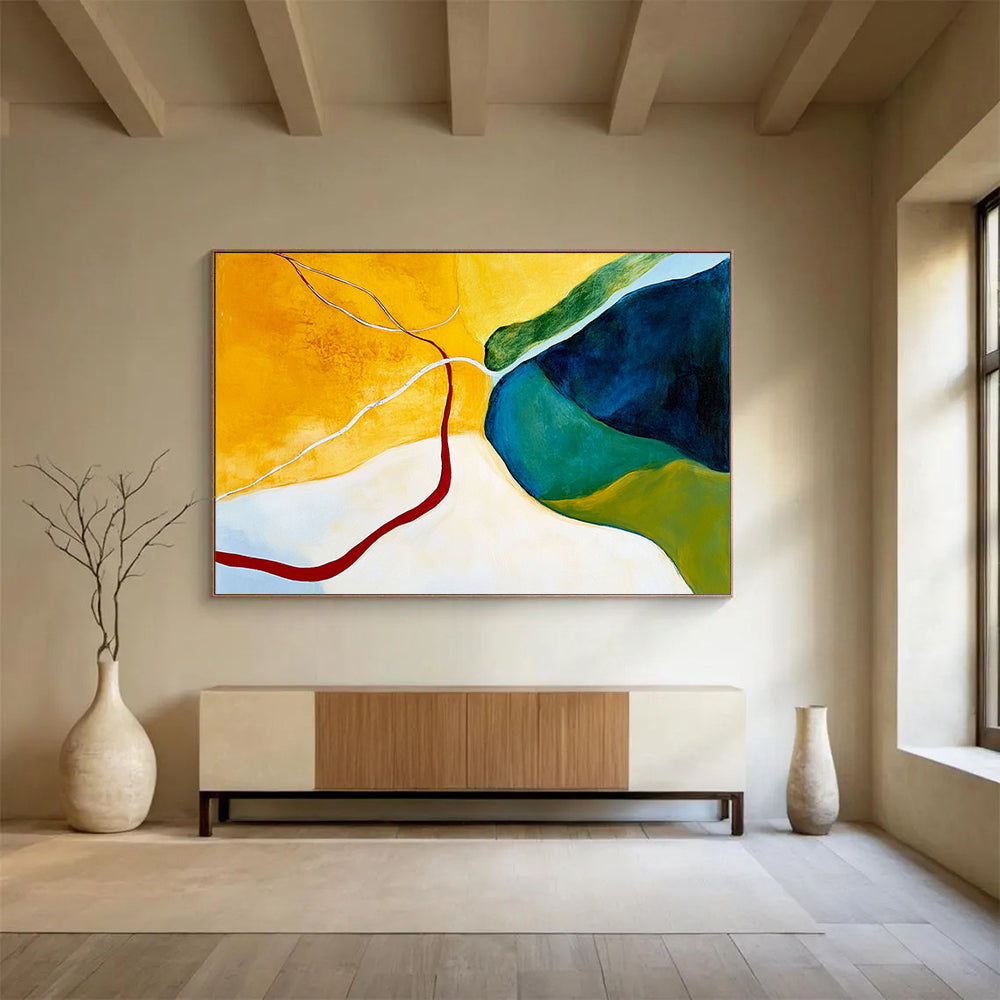 Yellow, Green, Blue with Curved Lines - “Vibrant Pathways” Painting On Canvas HB1448