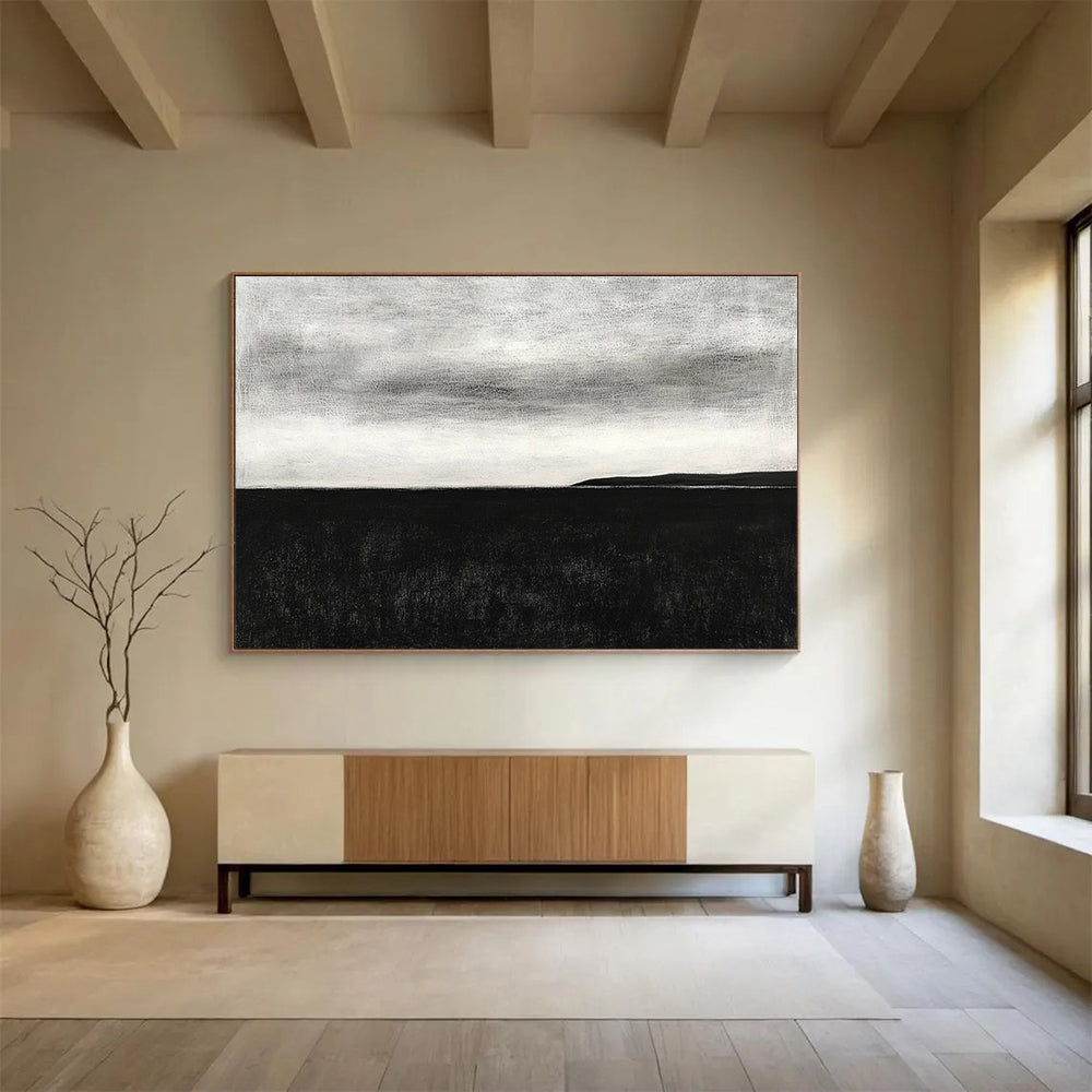 “Monochrome Sea & Sky Horizon” - Black, White, Calm Sea Painting On Canvas HB0797