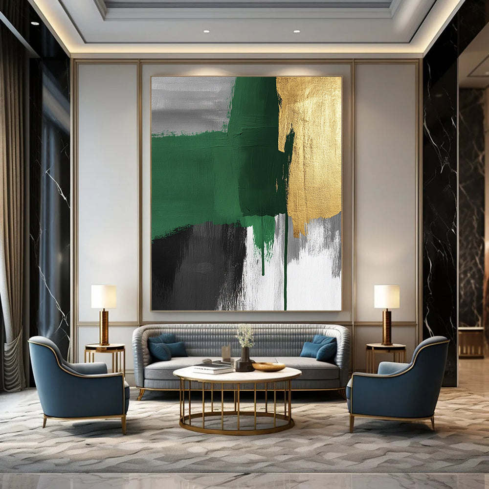 Contemporary hand-painted abstract art features green and grey brush strokes with gold accents and visible canvas texture, creating a striking surrealistic expressionist style. DLZ1626