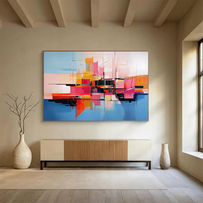 “Abstract Colorful City Geometry” - Colorful, Geometric Urban Shapes, Reflection Painting On Canvas HB0850