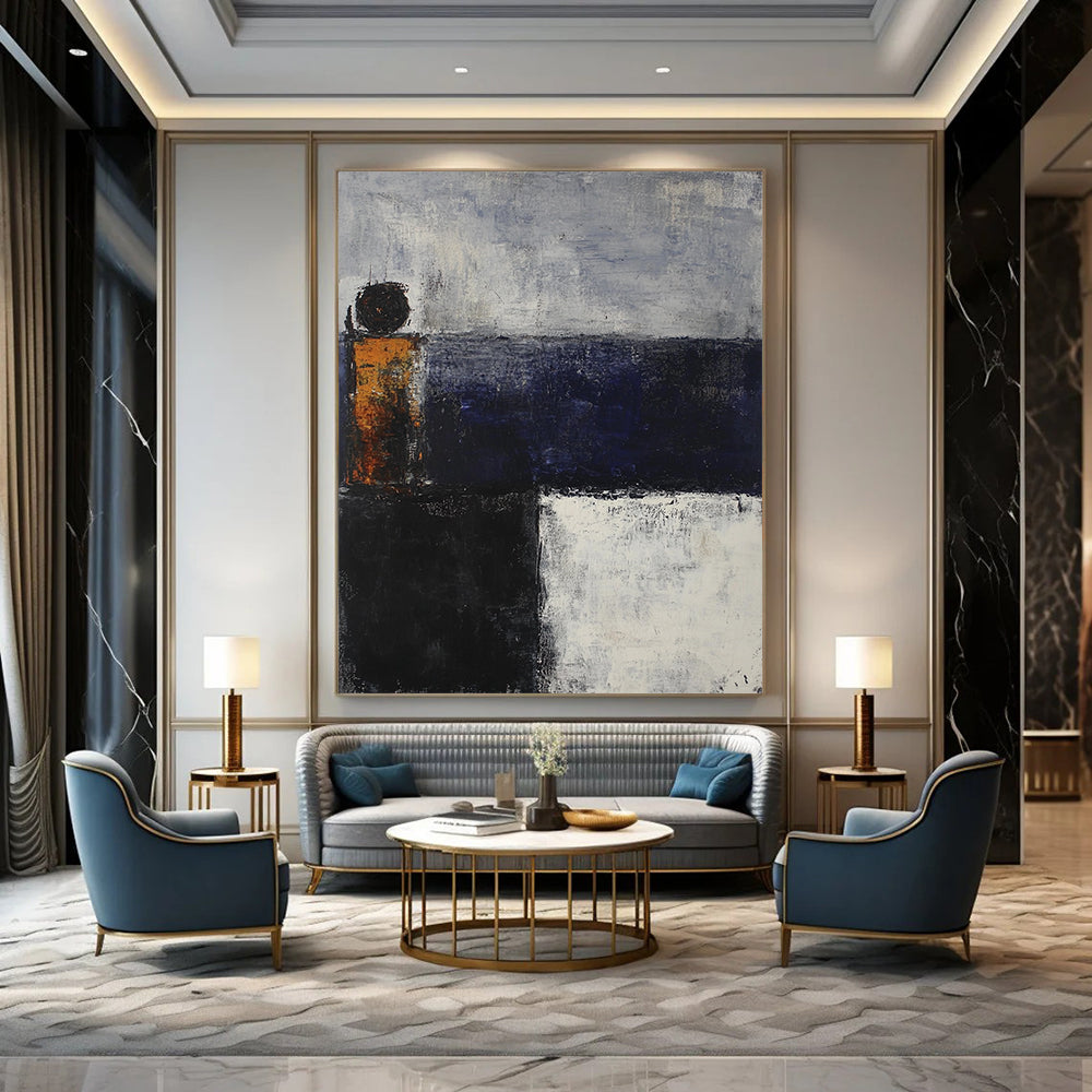 Contemporary hand-painted abstract artwork depicting an evening sea in dark blue and gray tones with rusted metal elements. DLZ0577