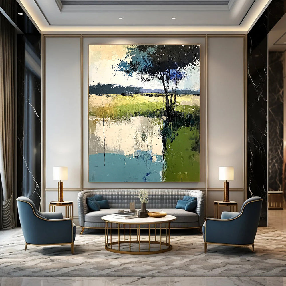 Contemporary abstract painting featuring soft edges trees and grass in muted greens blues and grays created with thick brush strokes and palette knife techniques. DLZ0419