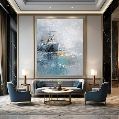 Contemporary abstract painting featuring the sea and a ship with impasto texture in light blue gray and white tones on canvas. DLZ0655