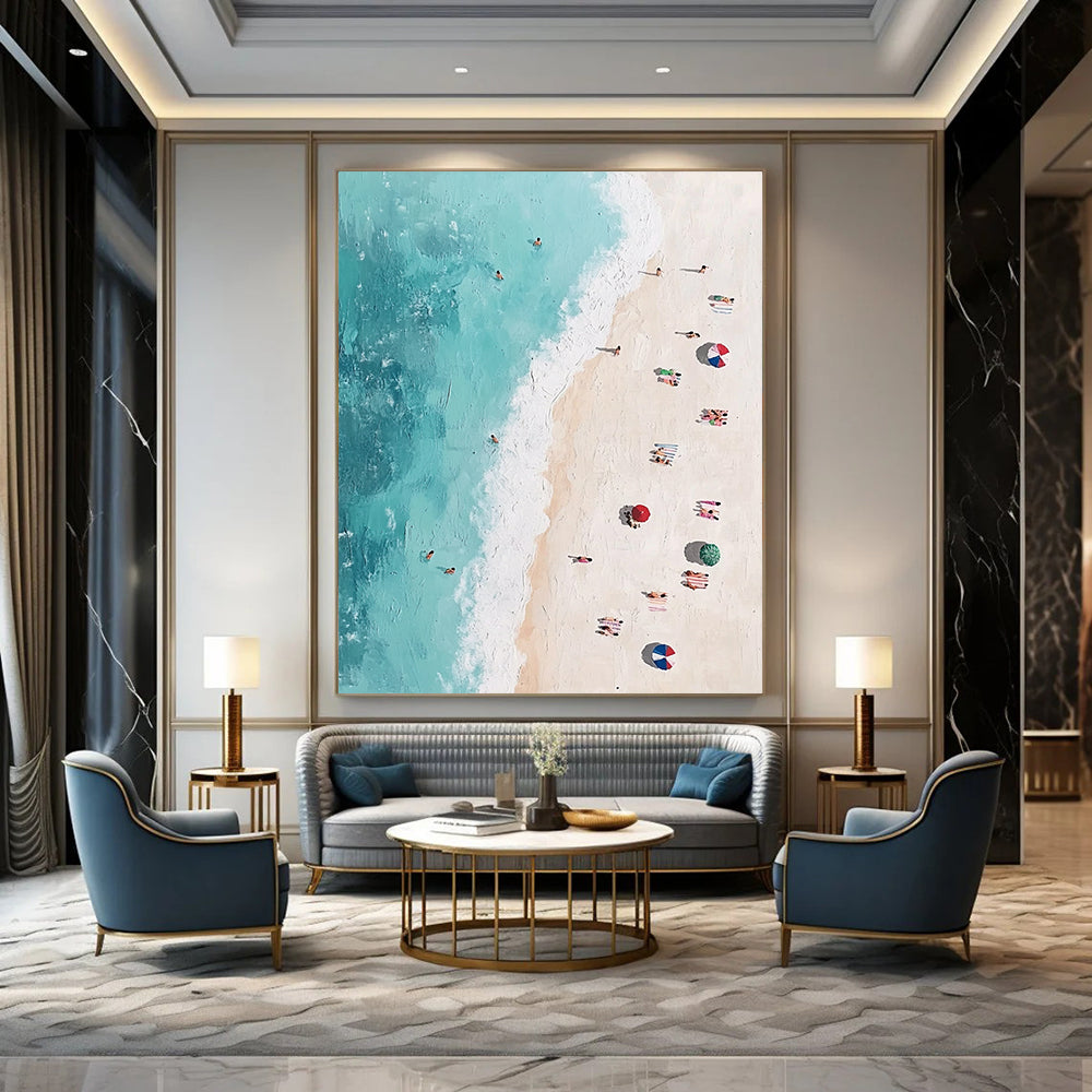 Contemporary abstract painting featuring an aerial beach view with vibrant figures soft brush strokes and pastel tones inspired by Jean-Michel Basquiat. DLZ1402