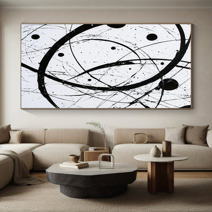 Black, White, Intertwined Circles "Monochrome Orbits" Abstract Modernist Painting On Canvas HB102