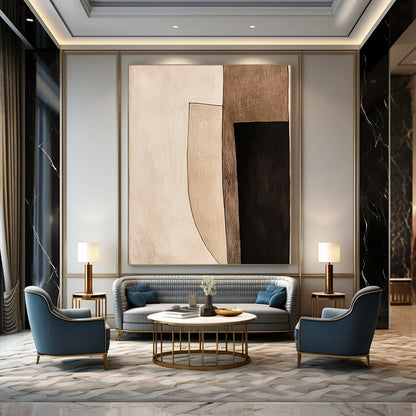 Contemporary hand-painted abstract art with geometric shapes featuring light brown and black tones bordered in white against a minimalist beige background. DLZ1424