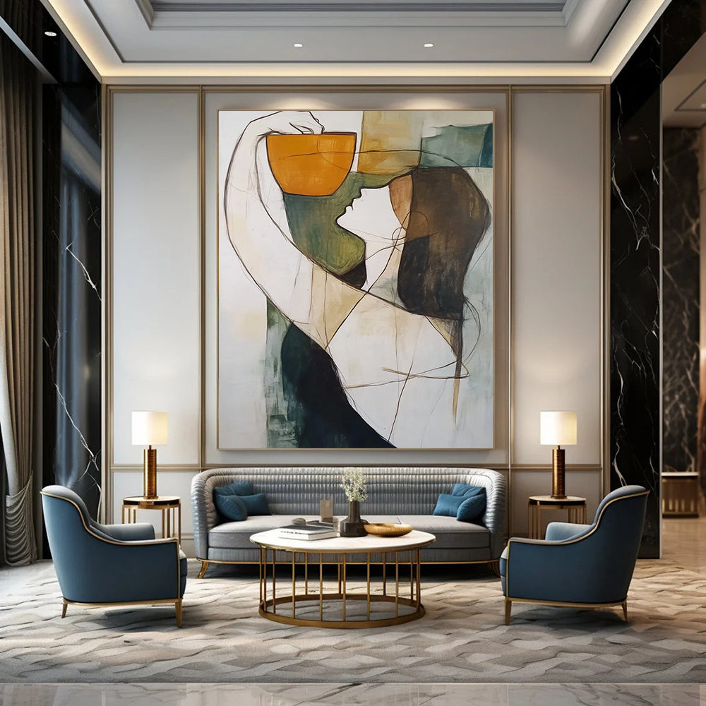 Contemporary abstract artwork featuring a figure cradling an orange cup against a soothing blend of gray green black and blue tones. DLZ1302