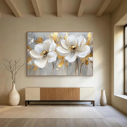 “Gold - Accented White Flowers on Gray” - White, Gold, Gray, White flowers with gold details on gray - Impasto Oil Painting HB1786