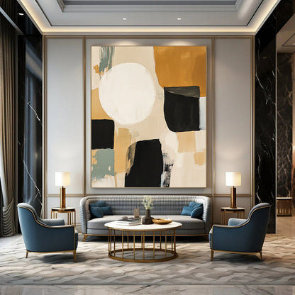 Contemporary hand-painted abstract art features beige black and sage green shapes with a large white circle and expressive brush strokes in mixed media. DLZ0794