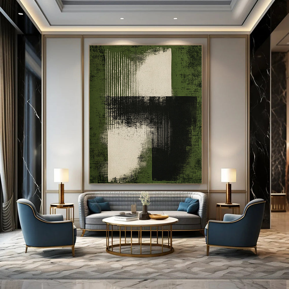 Contemporary abstract art features a minimal black ink brush stroke on a green background evoking mystery and visual harmony with bold gray tones. DLZ1360