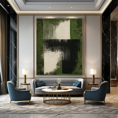 Contemporary abstract art features a minimal black ink brush stroke on a green background evoking mystery and visual harmony with bold gray tones. DLZ1360