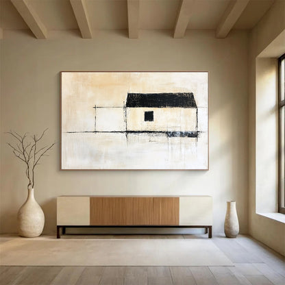 Minimalist Black - and - White House Silhouette – Abstract Acrylic Architectural Painting HB1468