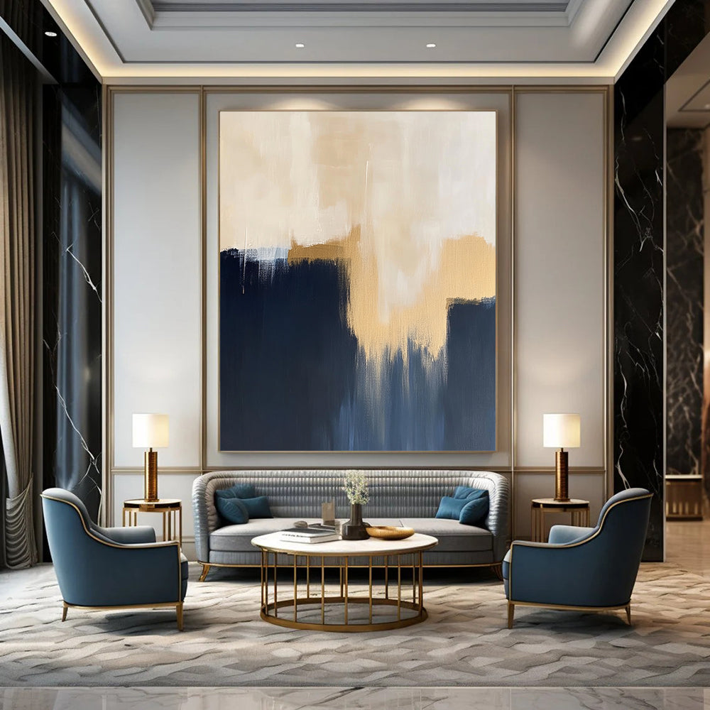 Contemporary hand-painted abstract artwork showcases minimalistic dark blue navy and beige hues with striking gold accents. DLZ0884