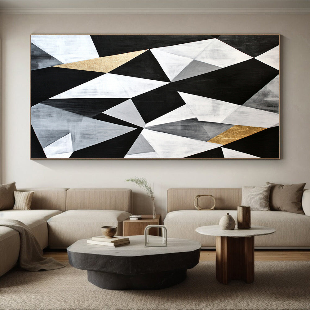 Black, White, Gray, Gold, Angular Collage "Gilded Industrial Fusion" Abstract Modernist Painting On Canvas HB128