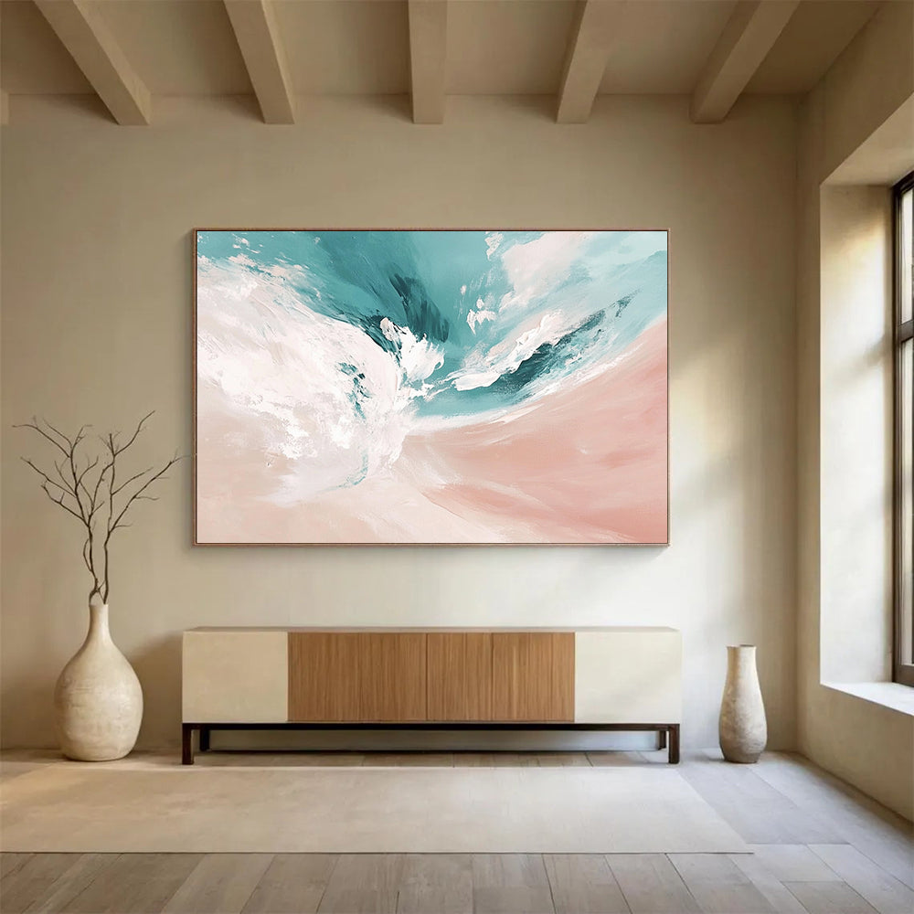 “Soft Blue - Pink Abstract Waves” - Blue, Pink, Abstract Waves Painting On Canvas HB0779