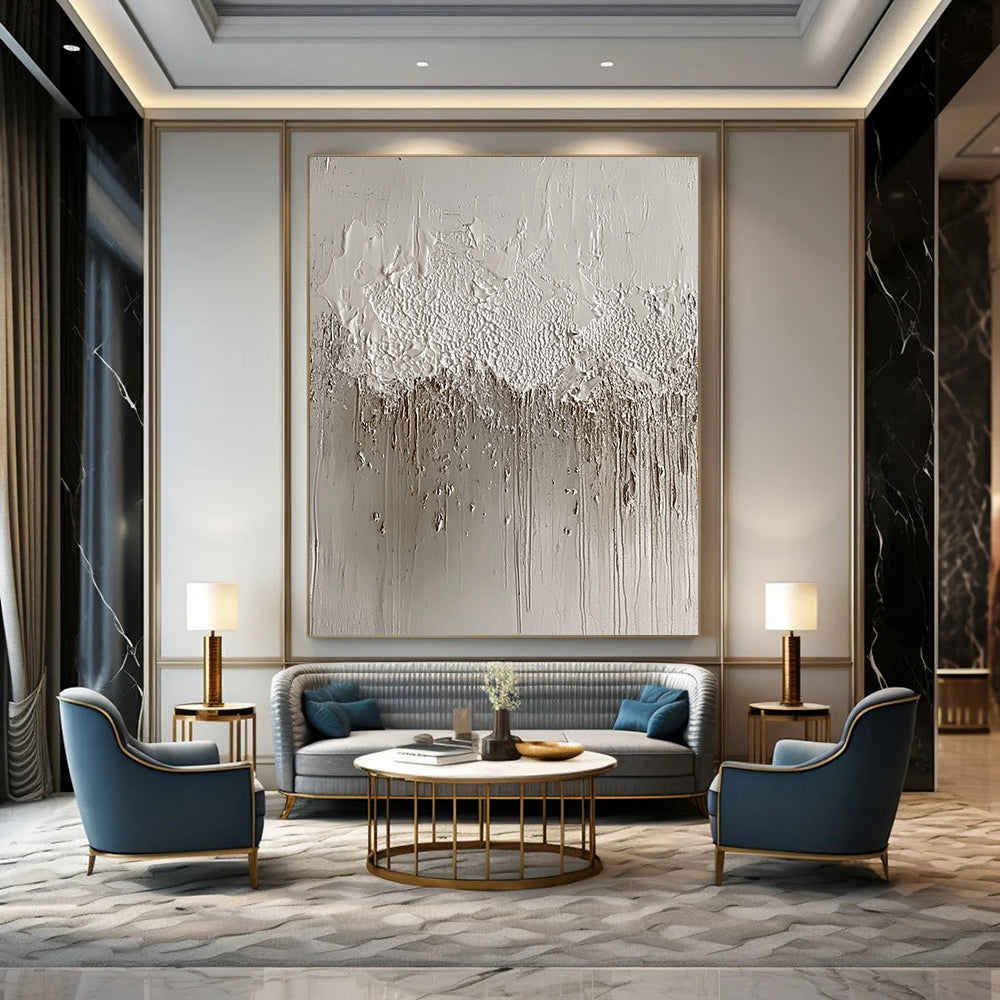 Contemporary abstract artwork featuring textured silver foil layers and intricate gray patterns resembling water droplets, inspired by Chinese ink paintings and concrete art. DLZ1516