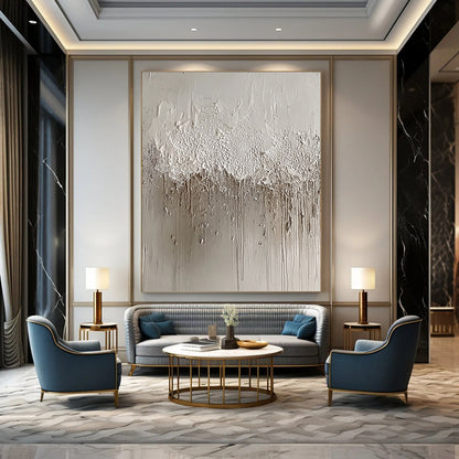 Contemporary abstract artwork featuring textured silver foil layers and intricate gray patterns resembling water droplets, inspired by Chinese ink paintings and concrete art. DLZ1516