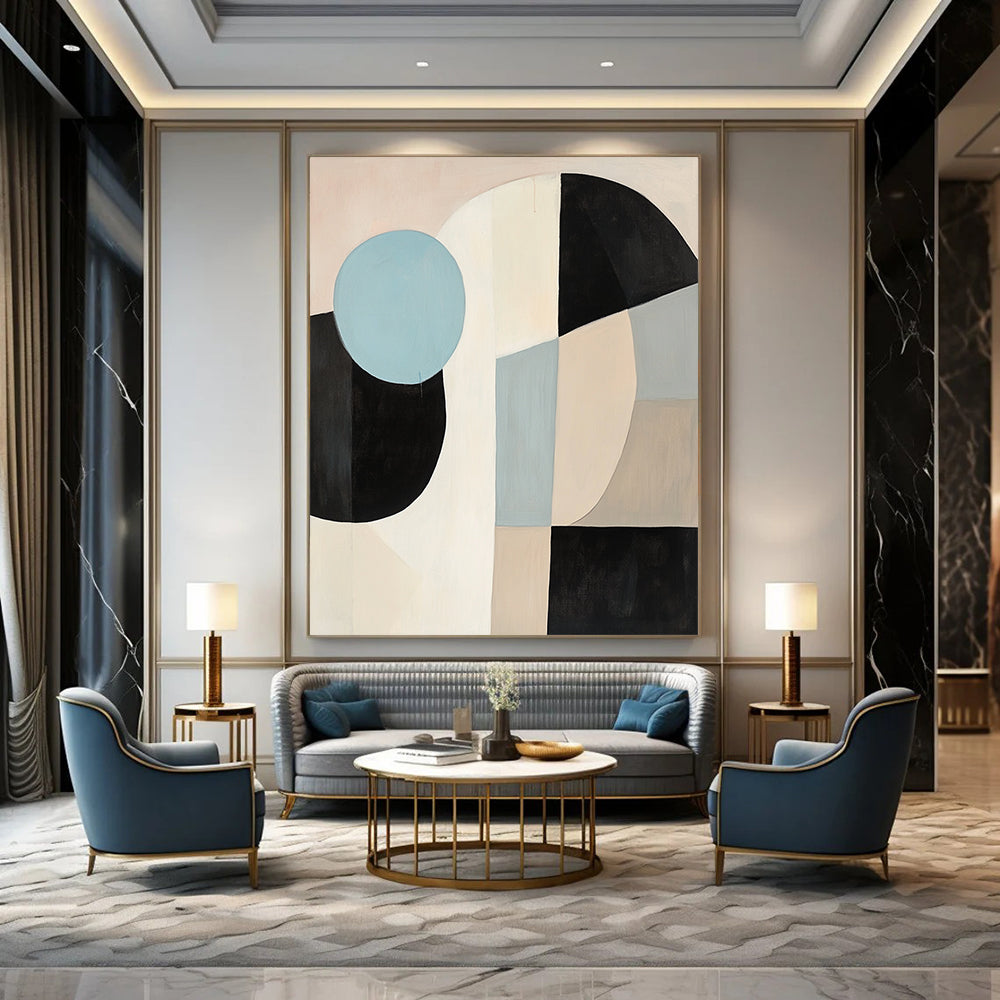 Contemporary abstract painting featuring large black white and beige shapes with a blue circle on a light pink background in soft minimalist style. DLZ1040
