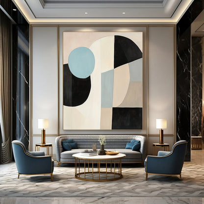 Contemporary abstract painting featuring large black white and beige shapes with a blue circle on a light pink background in soft minimalist style. DLZ1040