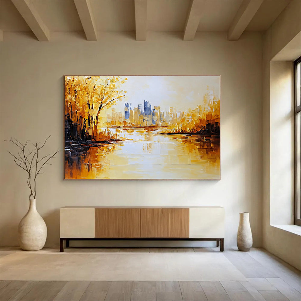 “Golden Cityscape” - Gold, Blue, Yellow, Shimmering City and Reflective River Painting On Canvas HB0934