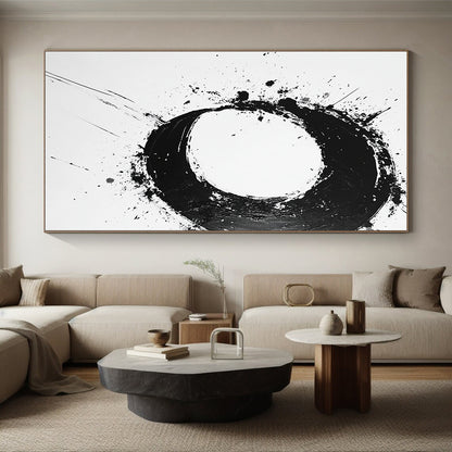 Black Splattered Circular Ink - “Expressive Enso Mark” Painting On Canvas HB232