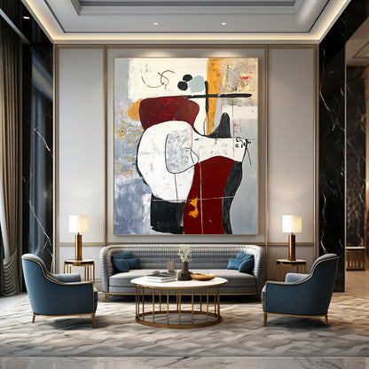 Contemporary abstract artwork featuring an animal on a chair in red and white tones with black lines on a gray background in oil on canvas. DLZ1012