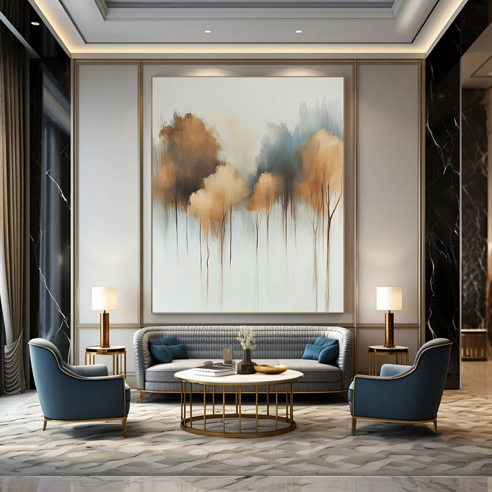 Contemporary abstract painting featuring soft watercolor trees on a white background with muted tones and dreamy light bronze and gray-blue floral accents. DLZ0662
