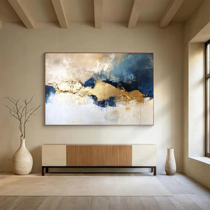 “Textured Gold - Blue - Gray Clouds” - Gold, Blue, Gray, White, Cloud - Like Shapes Painting On Canvas HB0823