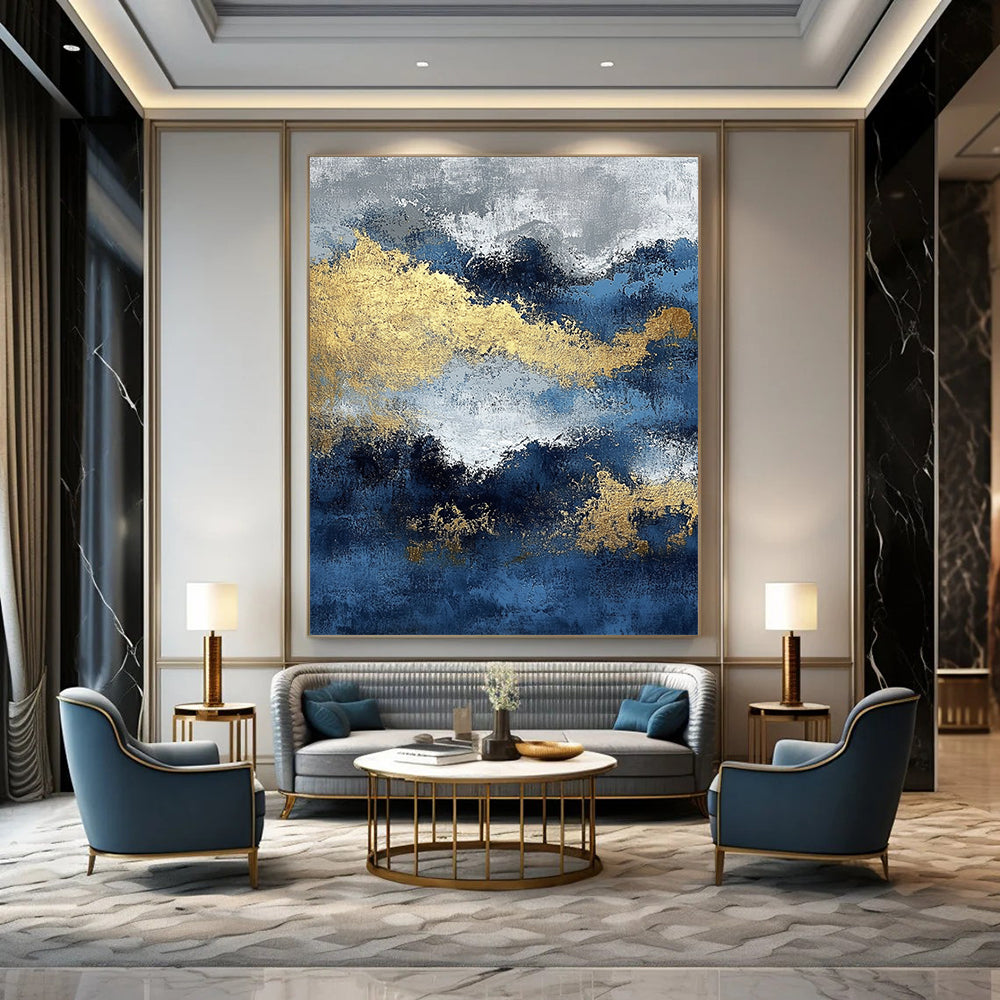 Contemporary abstract painting featuring blue and gold textures with ocean waves and dark silver clouds creating depth and mystery. DLZ0341