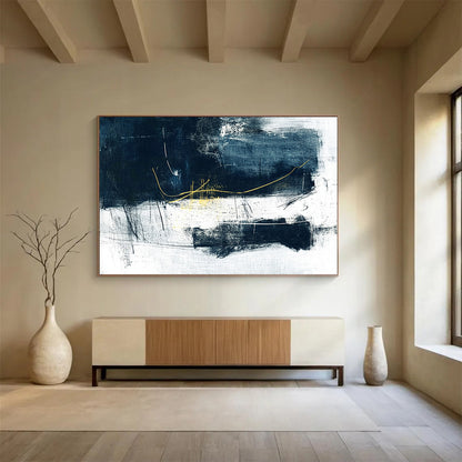 “Navy - Gold Abstract Strokes” - Navy, Gold, White, Black with Expressive Lines - Abstract Acrylic HB1365