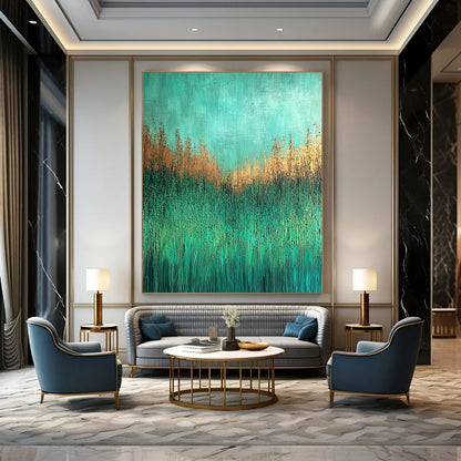 Contemporary abstract painting depicting a textured grassy meadow in aqua green and brown shades on canvas with UHD quality. DLZ0597