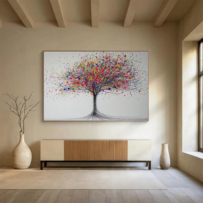 “Color Burst Tree” - Black branches, rainbow splatters, whimsical tree, Abstract Tree Painting On Canvas HB0588