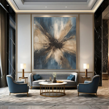 Contemporary hand-painted abstract art featuring an explosion of dark gray beige and white tones against a light blue background with organic strokes. DLZ1187