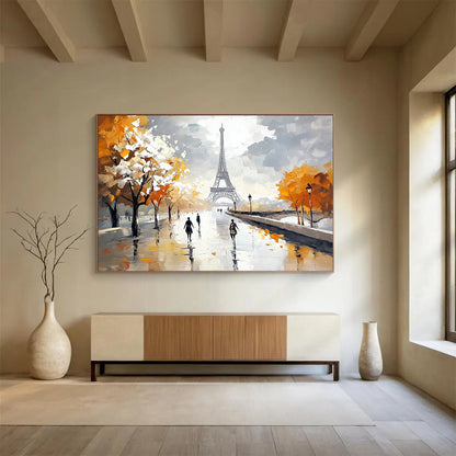 “Autumn in Paris” - Oranges, Grays, Whites, Eiffel Tower and Tree - Lined Path in Autumn - Impressionist Oil Painting HB1715