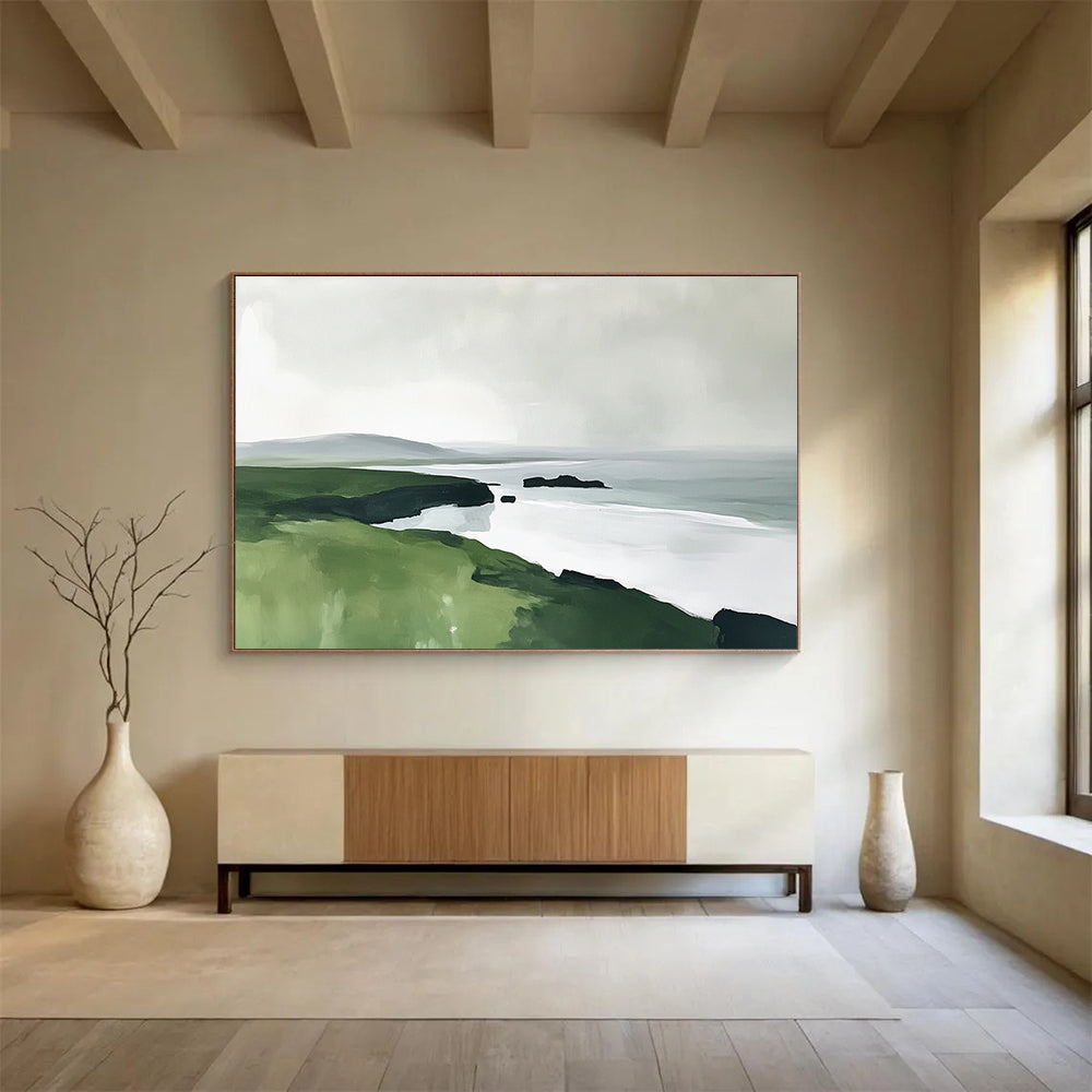“Coastal Cliffs in Green & Gray” - Lush green, muted gray, white sea, Modern Landscape Painting On Canvas HB0611
