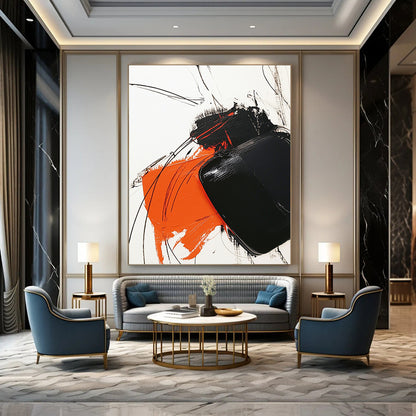 Contemporary abstract artwork features bold black and orange strokes on white, complemented by minimalistic line drawings for striking contrast. DLZ1537