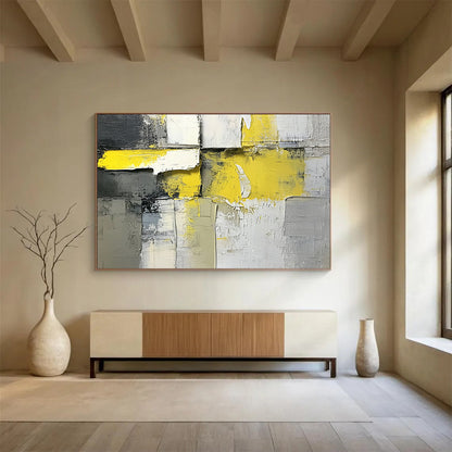 “Geometric Energy” - Yellow, Gray, White, Textured Cubes Painting On Canvas HB1037