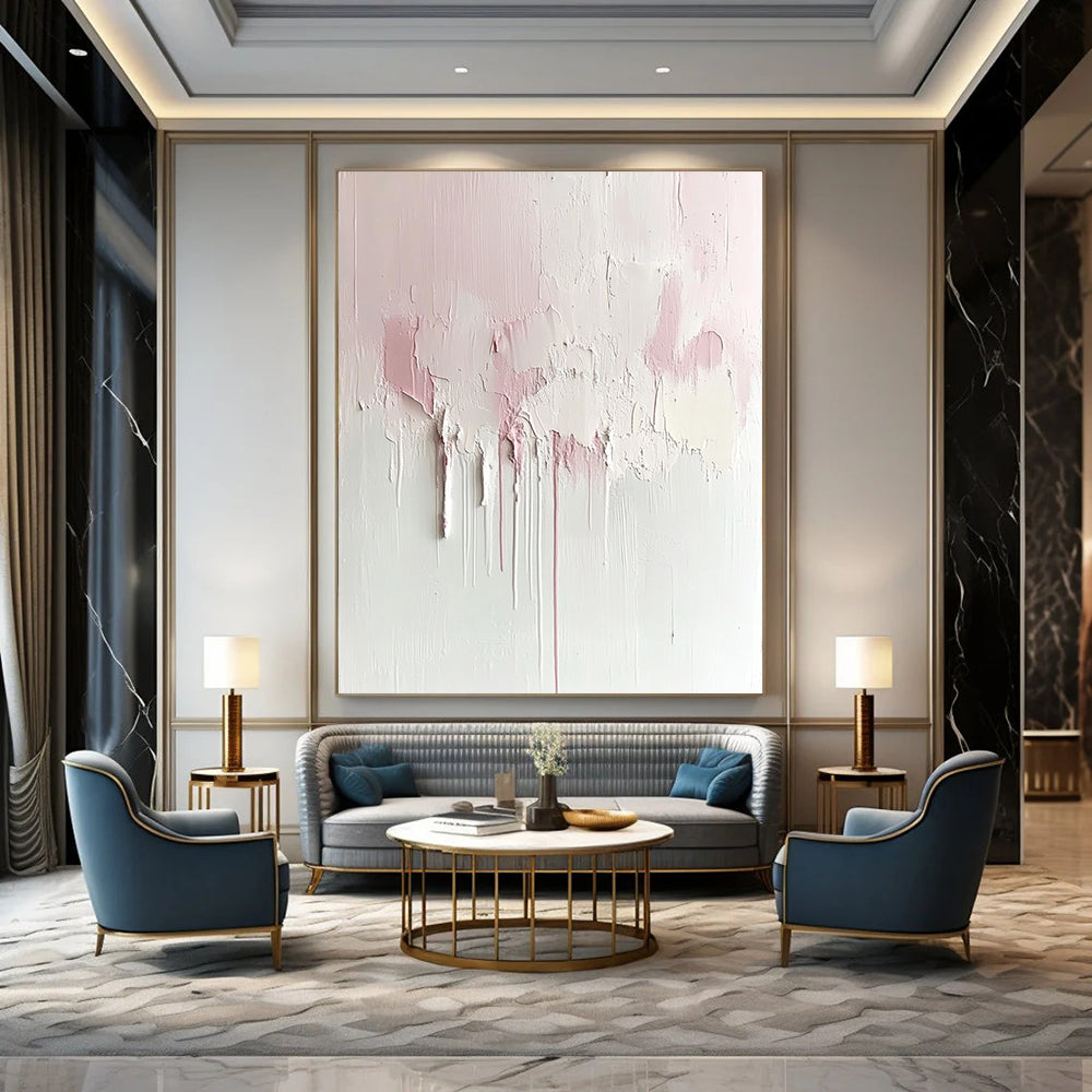 Contemporary abstract painting featuring soft pink and cream hues on a textured white canvas, minimalist design with dreamy aesthetic and large negative space. DLZ0690