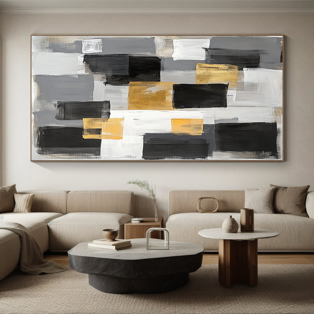 Gray, Black, Gold and White Abstract Blocks "Elegant Blocks" Painting On Canvas HB346