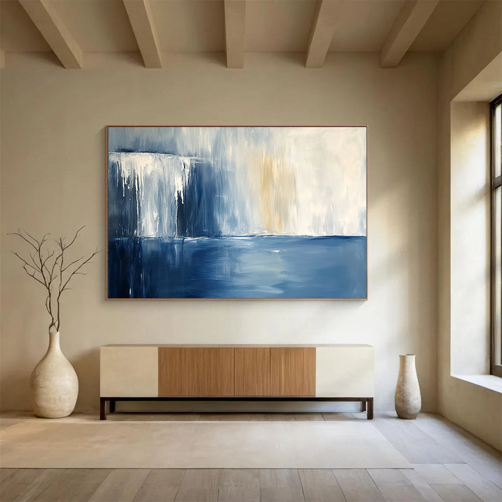 “Blue and White Abstract Waterfall” - Blue, White, Abstract Waterfall Scene Painting On Canvas HB1006