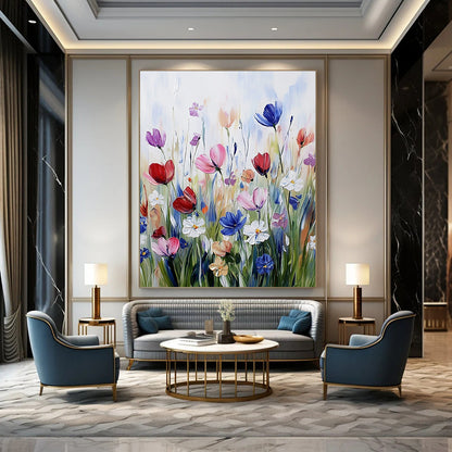 Contemporary hand-painted abstract artwork featuring vibrant wildflowers in soft brushstrokes, showcasing a harmonious color scheme on textured paper. DLZ1496