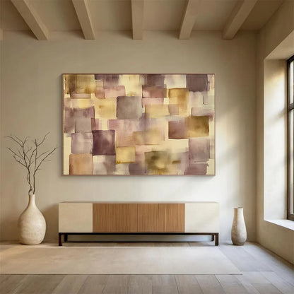 “Muted Geometric Squares” - Purple, Beige, Geometric, Abstract Painting On Canvas HB0764