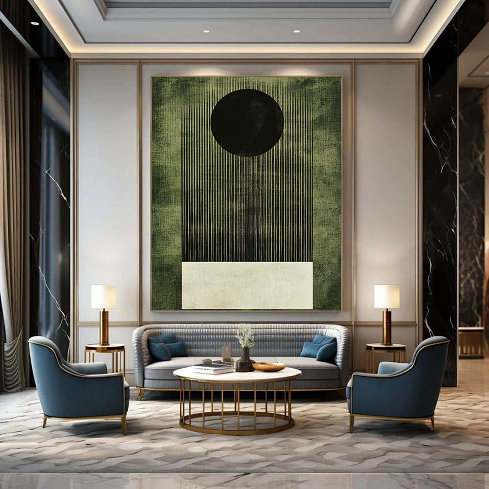 Contemporary abstract artwork featuring a dark green background with a white square and grainy texture highlighting a bold black circle. DLZ1610