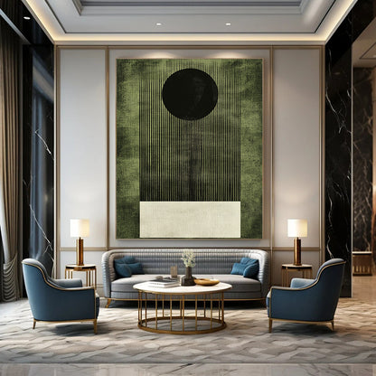 Contemporary abstract artwork featuring a dark green background with a white square and grainy texture highlighting a bold black circle. DLZ1610