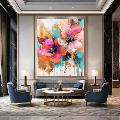 Contemporary abstract artwork featuring vibrant pink, orange, and turquoise flowers enhanced with gold leaf splashes, ideal for modern decor. DLZ1263