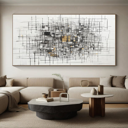 Black, White, Gray, Gold, Triangular Mosaic "Gilded Geometric Puzzle" Abstract Cubist - Inspired Painting On Canvas HB127
