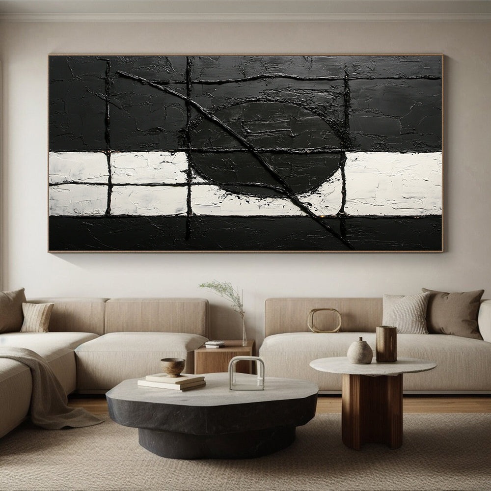 Black, White, Textured Grid "Monochrome Maze" Abstract Minimalist Painting On Canvas HB074
